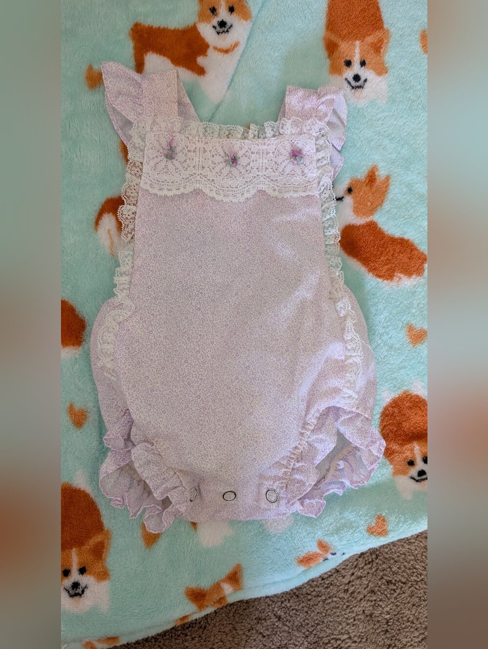 Vintage 80s Baby Girl Lavender Floral Bubble Romper Sunsuit Lace Trim 3 6M